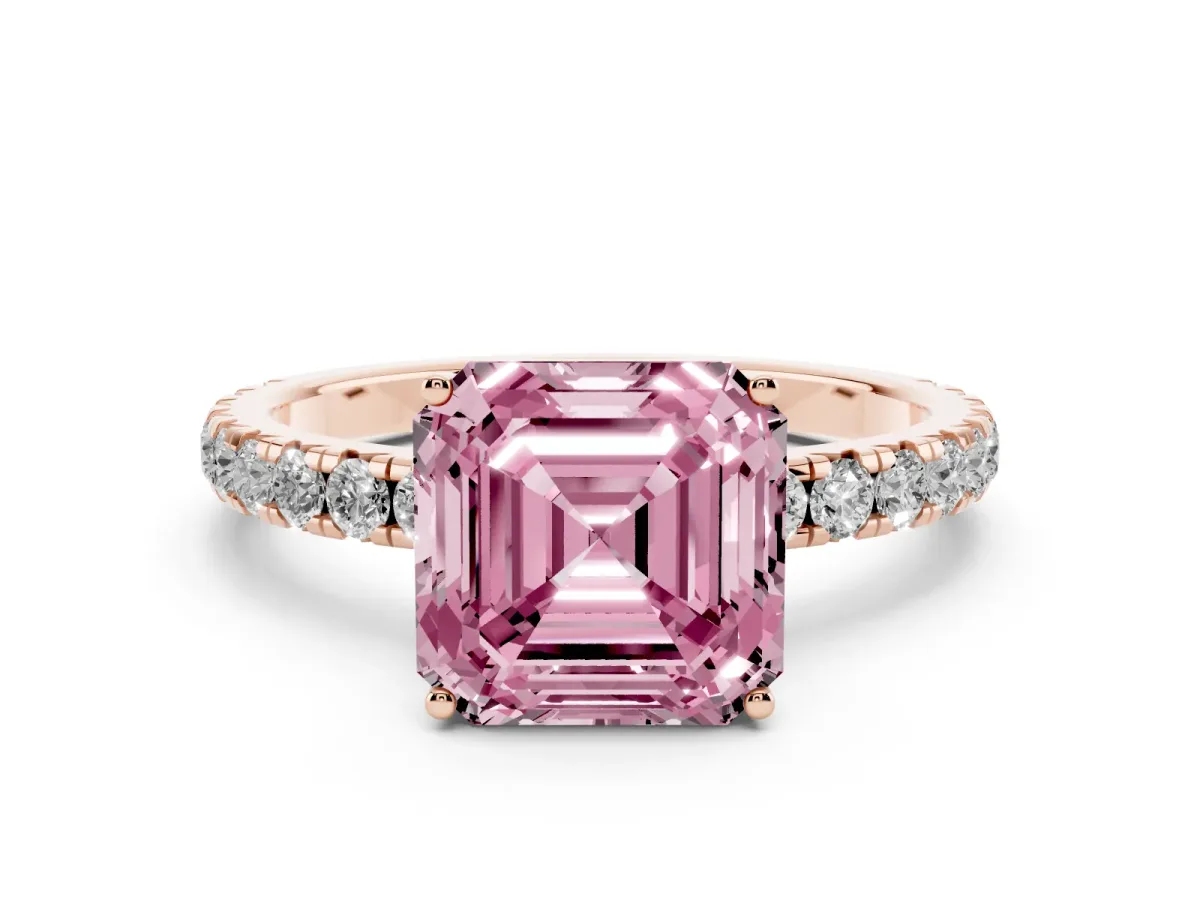 Fancy Pink Asscher Cut Diamond Pavé Solitaire Engagement Ring with Four-Prong Setting Rose gold