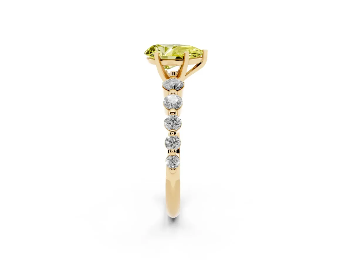 Fancy Yellow Pear Cut Solitaire Diamond Ring with Pave Band and Four-Prong Setting Yellow gold