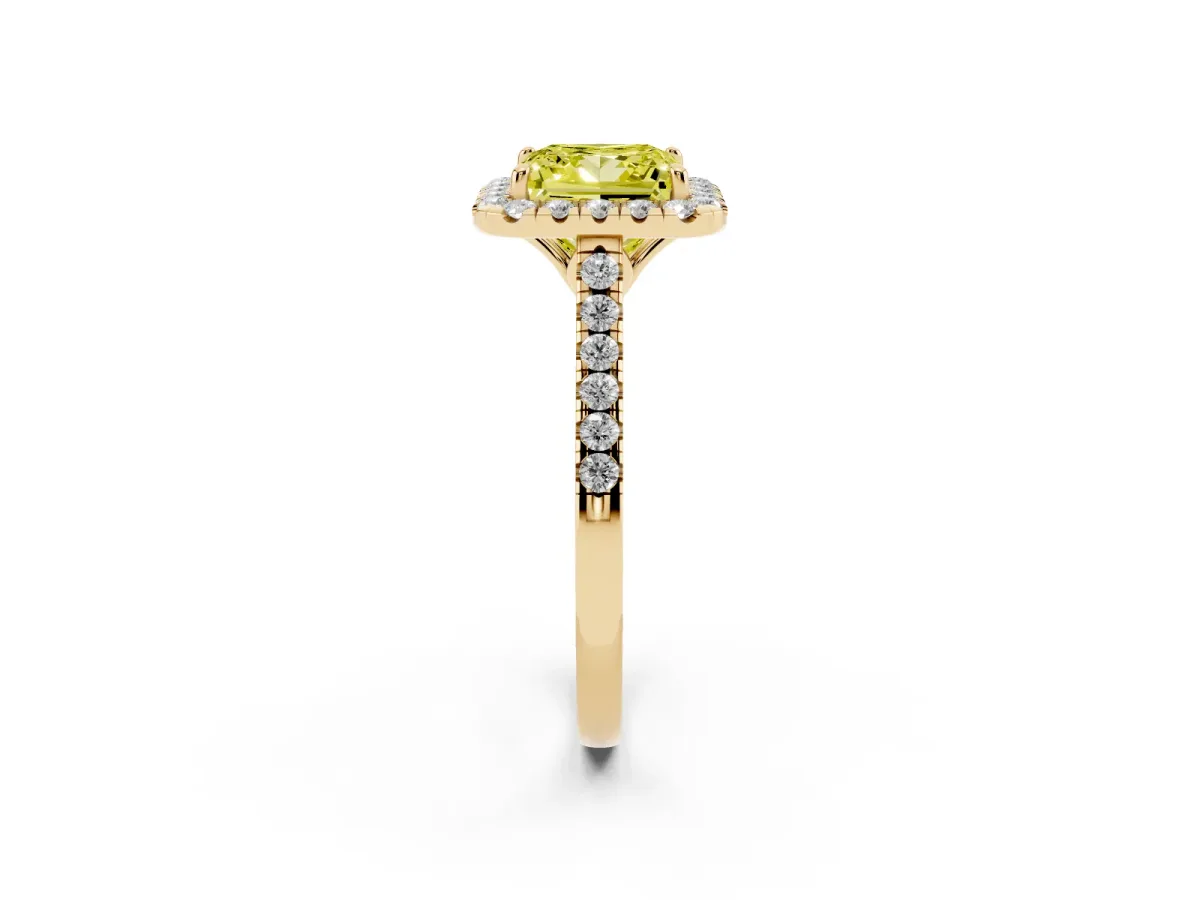 Fancy Yellow Princess Cut Halo Pavé Diamond Engagement Ring with Four-Prong Setting Yellow gold