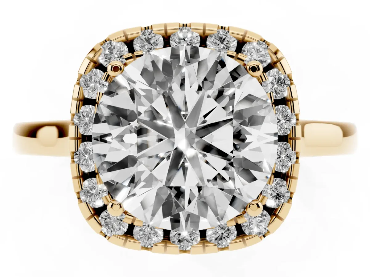 Round Cut Halo Round Diamond Solitaire Ring with Pavé Band and Four-Prong Setting Yellow gold