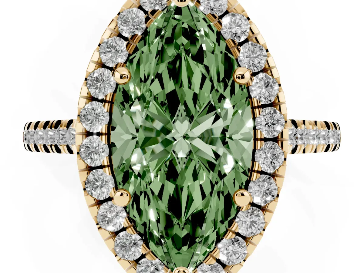 Fancy Green Marquise Cut Diamond Cushion Halo Ring with Pavé Band Yellow gold