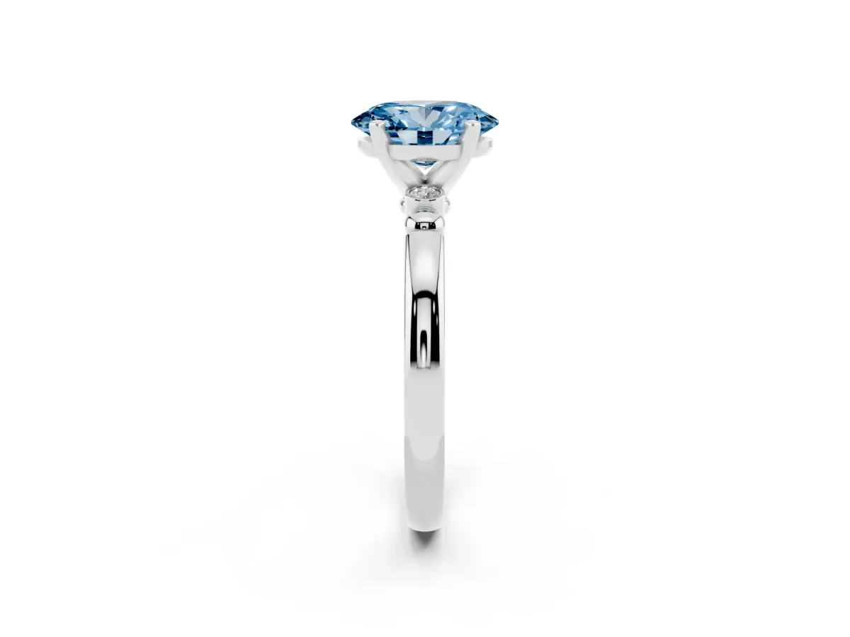 Fancy Blue Oval Cut Solitaire Beaded Band with Four-Prong Setting White gold