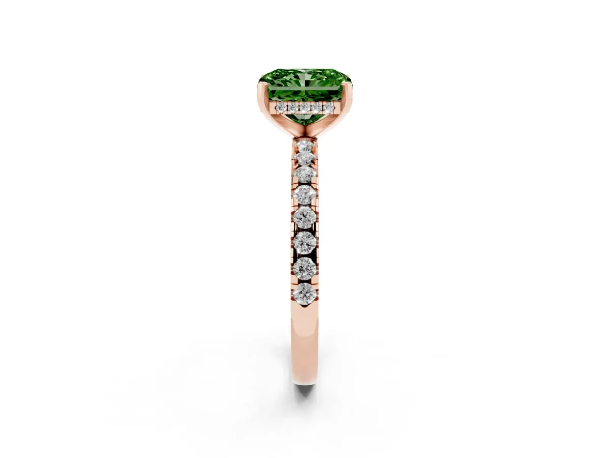 Fancy Green Radiant Cut Diamond Solitaire Ring with Round Pavé Band and Four-Prong Setting Rose gold