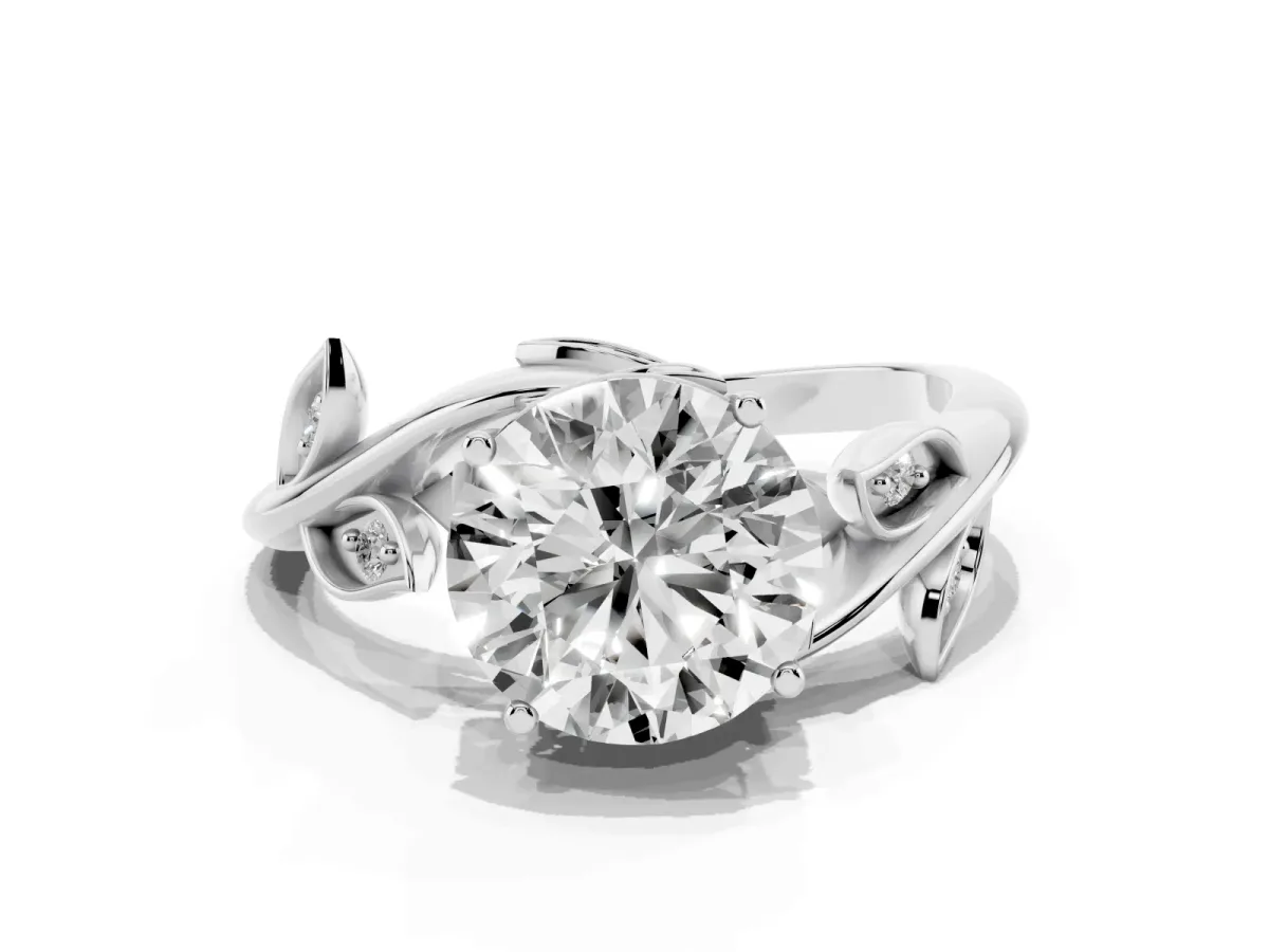 Round Cut Solitaire Twist Engagement Ring with Leaf Accents and Prong Setting Silver