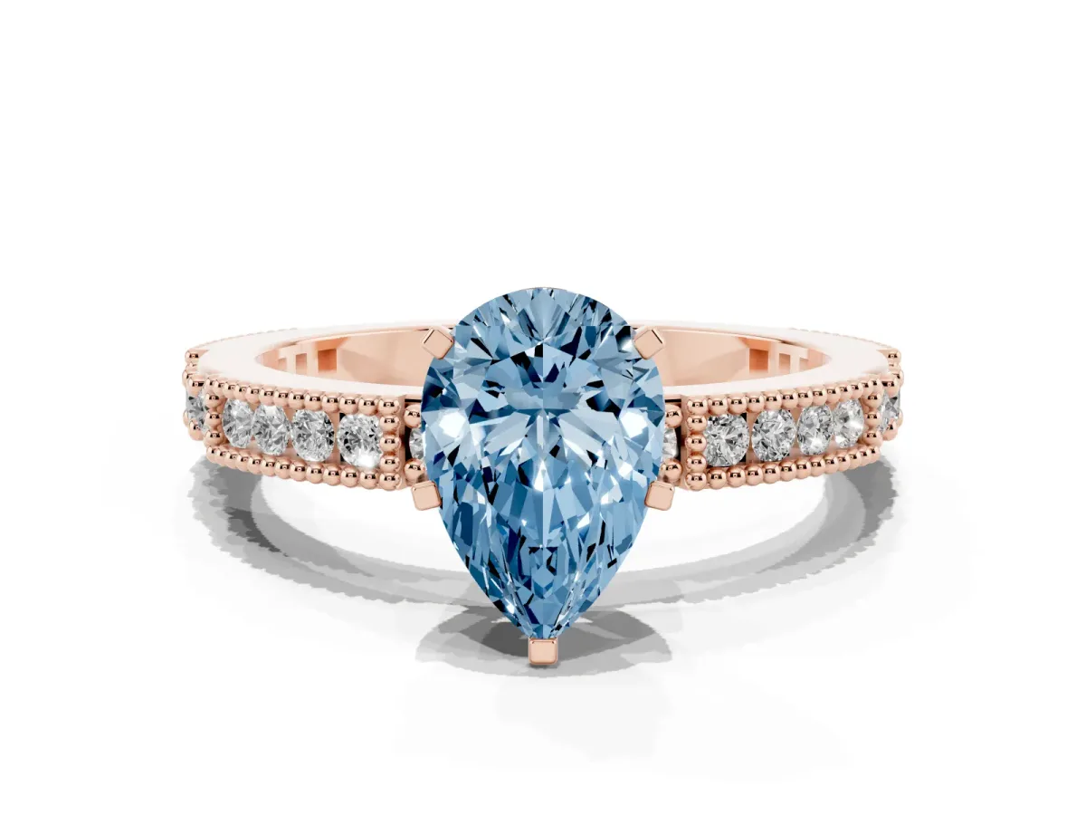 Fancy Blue Pear Cut Solitaire with Pavé Band and Four-Prong Setting Rose gold