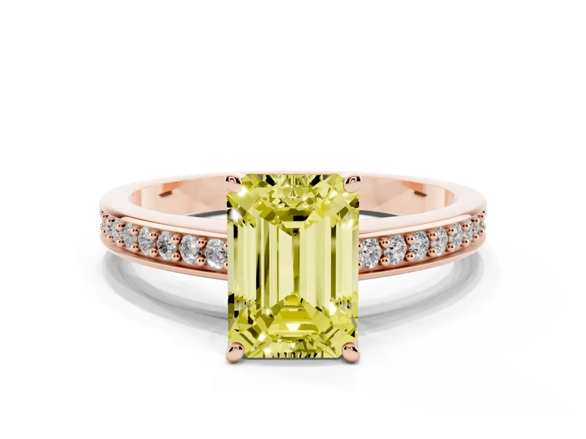 Fancy Yellow Emerald Cut Solitaire Pavé Band Prong Setting Ring Rose gold