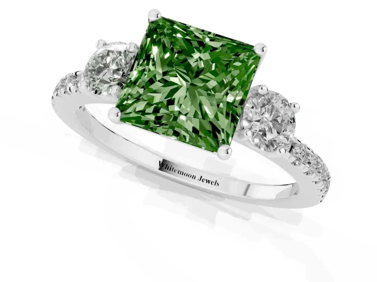 Fancy Green Three-Stone Princess Cut Cut Diamond Pavé Band with Prong Setting Silver