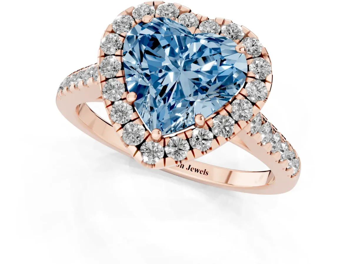 Fancy Blue Heart Cut Halo Pave Diamond Engagement Ring with Four-Prong Setting Rose gold