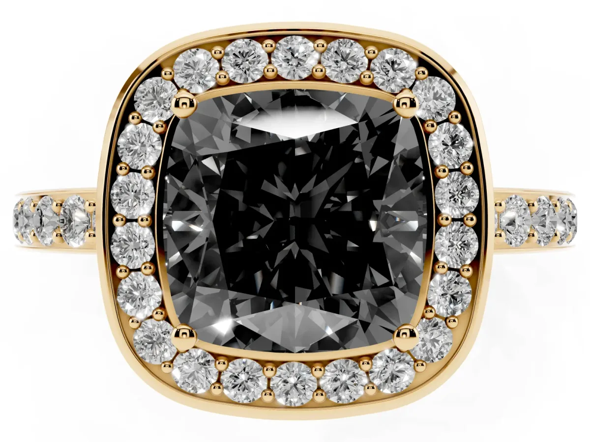 Fancy Black Cushion Cut Diamond Halo Ring with Bezel Frame and Pavé Band Yellow gold