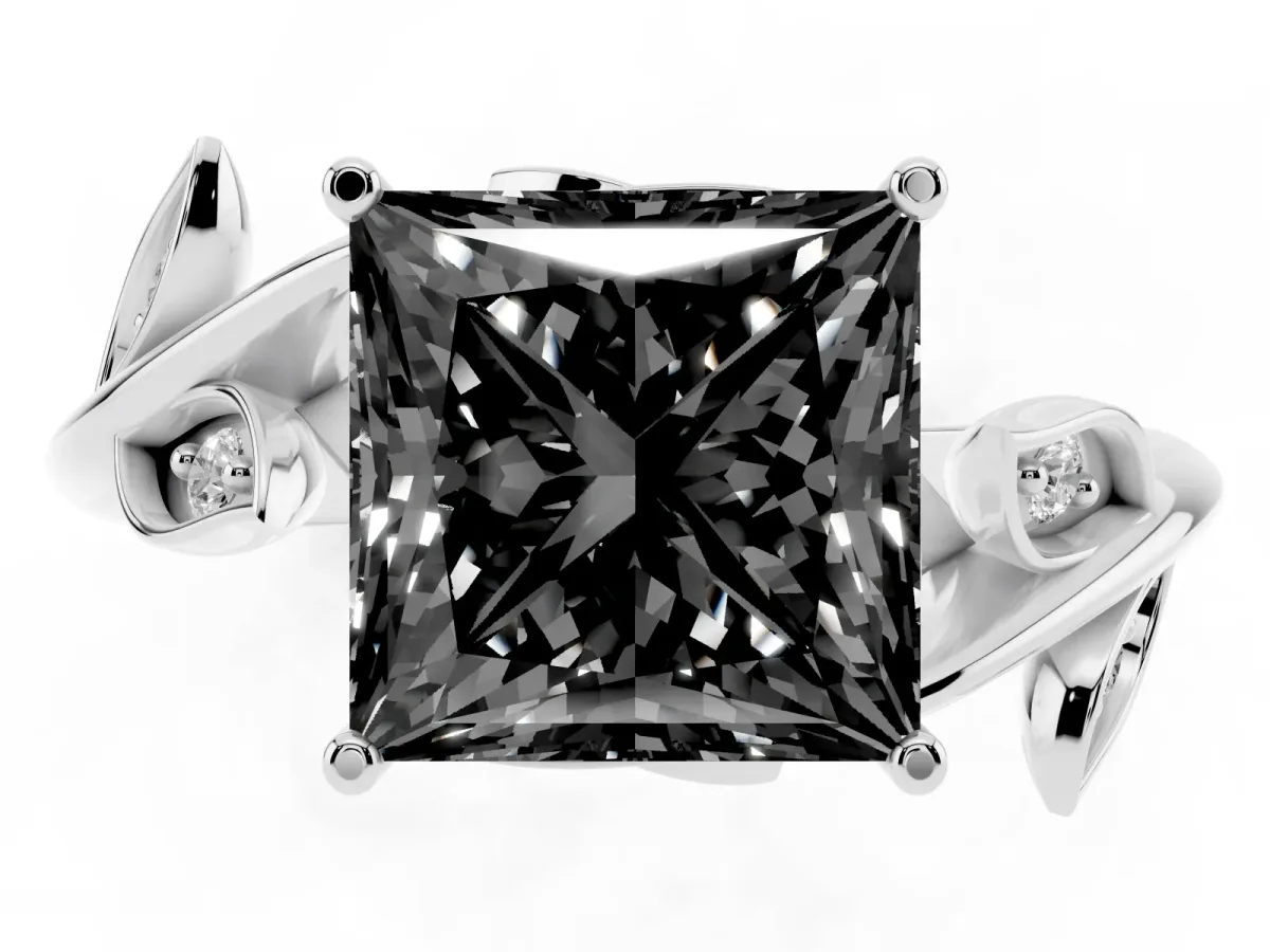 Fancy Black Princess Cut Solitaire Twist Engagement Ring with Leaf Accents and Prong Setting White gold