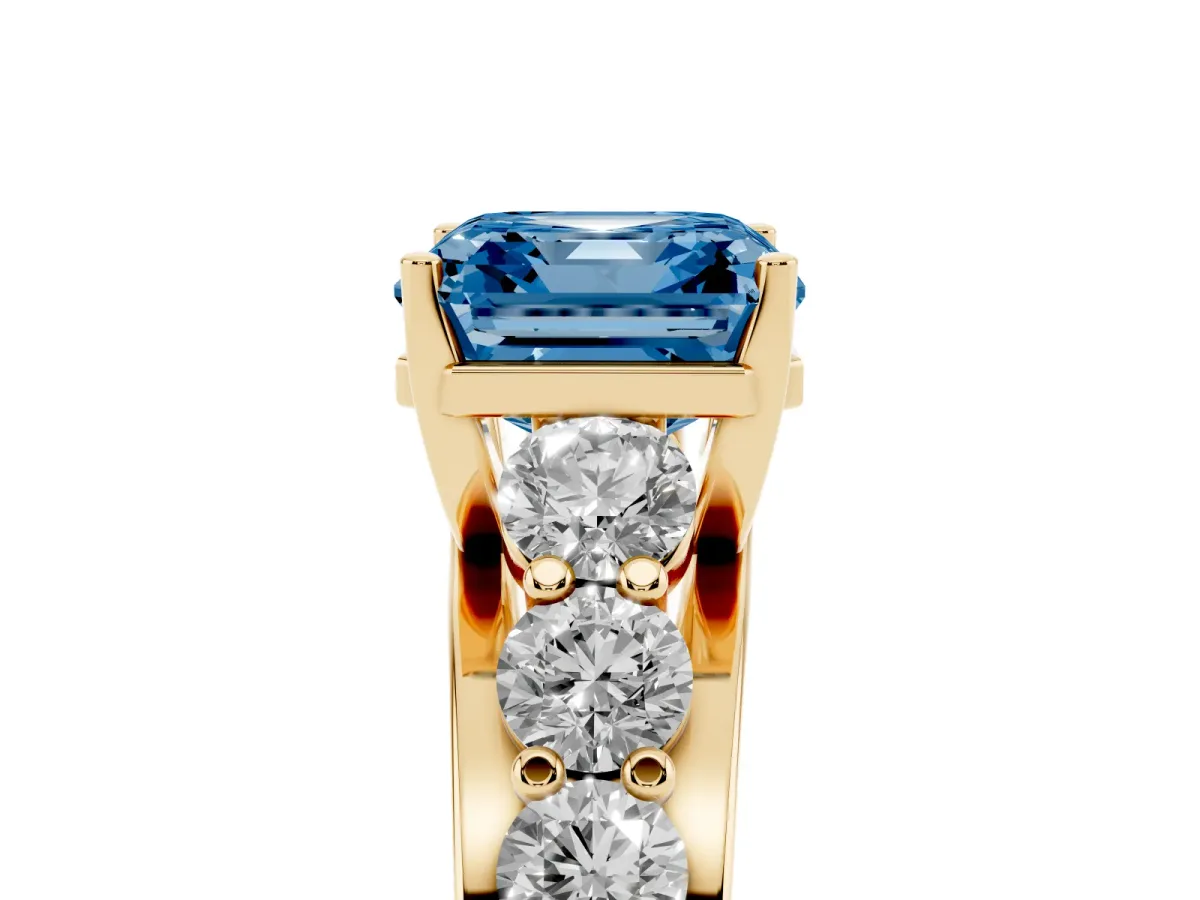 Fancy Blue Asscher Cut Diamond Engagement Ring with Pavé Band and Four-Prong Setting Yellow gold