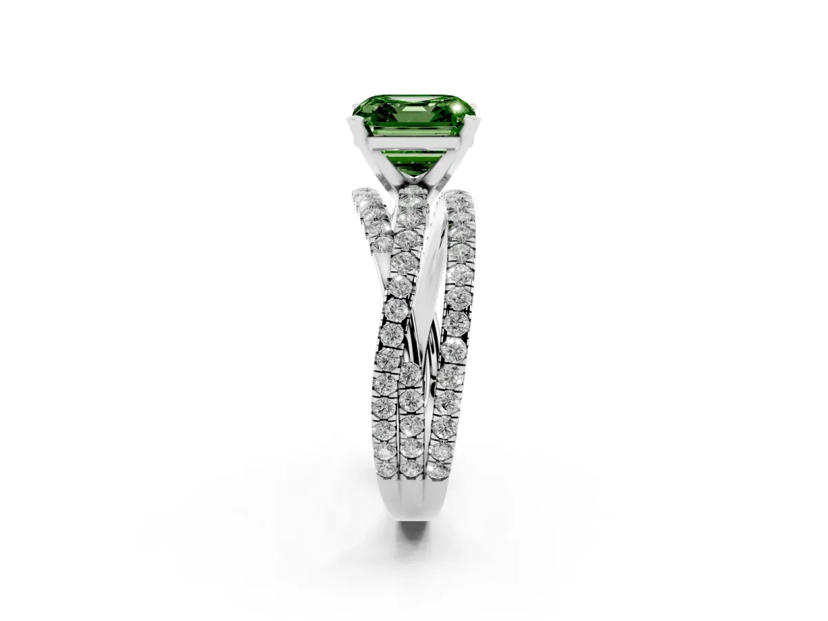 Fancy Green Asscher Cut Solitaire Twist Band with Pavé Setting and Four-Prong Setting Silver