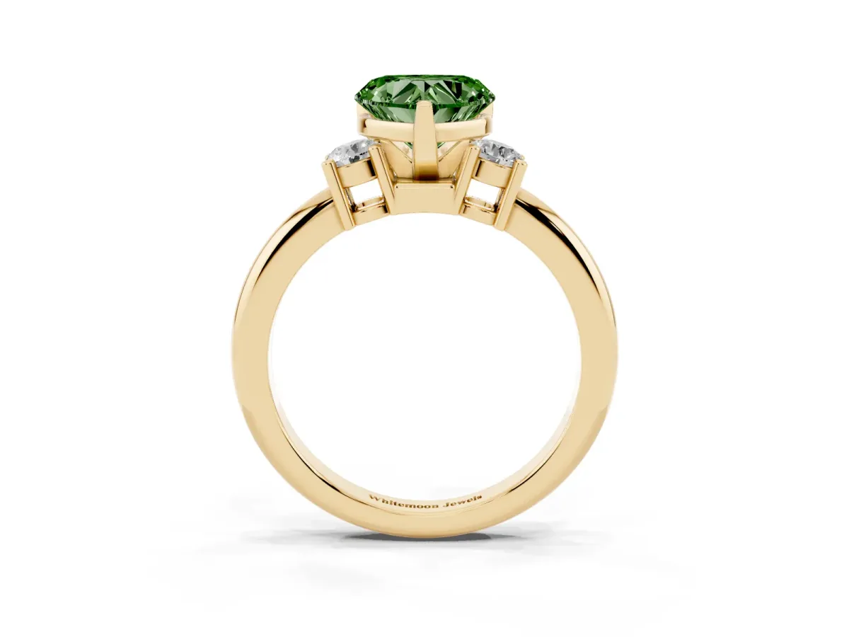 Fancy Green Three-Stone Heart Cut Cut Diamond Solitaire with Prong Setting and Classic Band Yellow gold