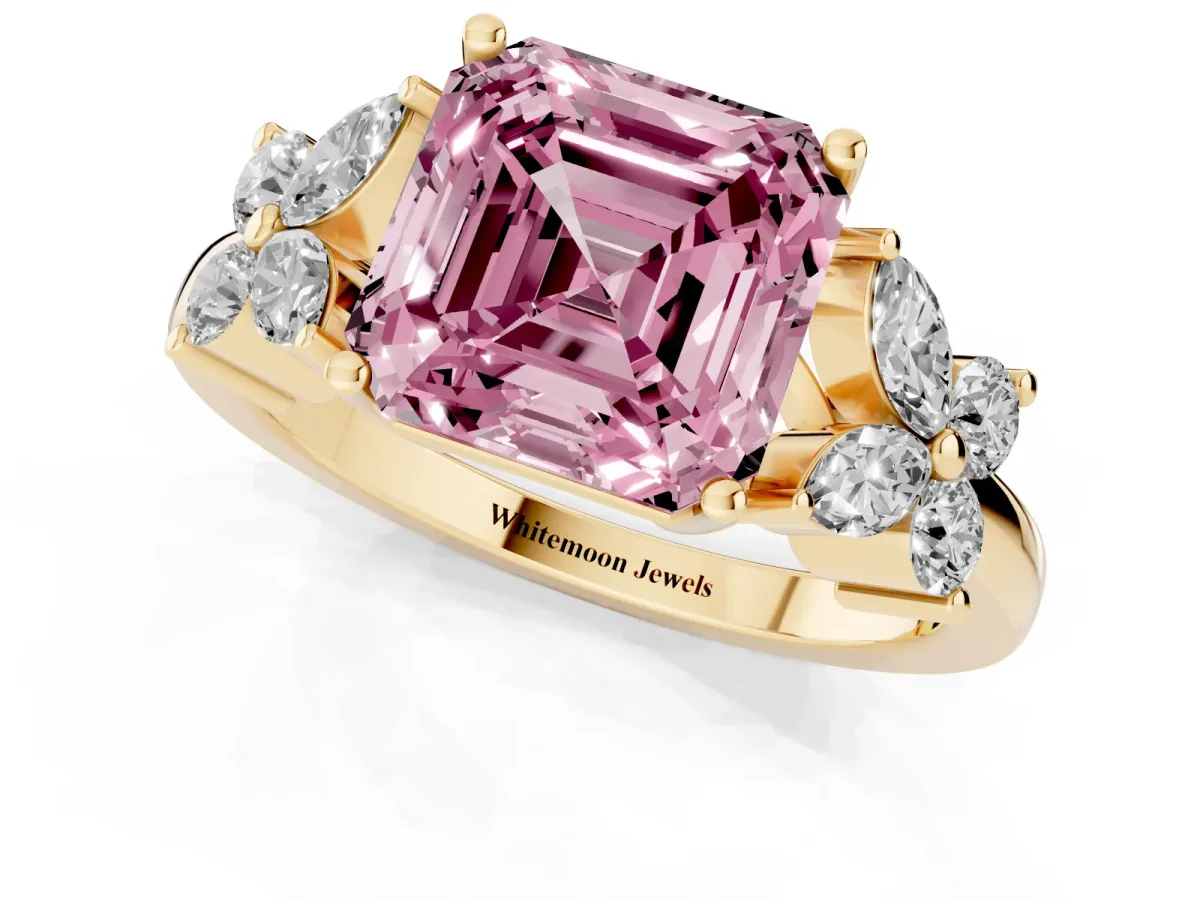 Fancy Pink Princess Cut Diamond Floral Cluster Ring with Solitaire Band and Prong Setting Yellow gold
