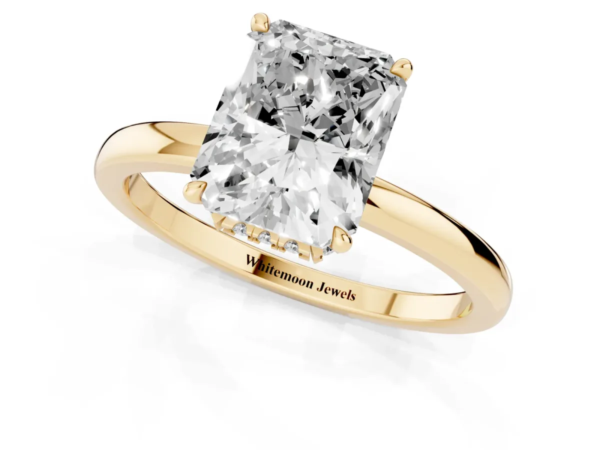 Radiant Cut Solitaire Engagement Ring with Cathedral Band and Four-Prong Setting Yellow gold