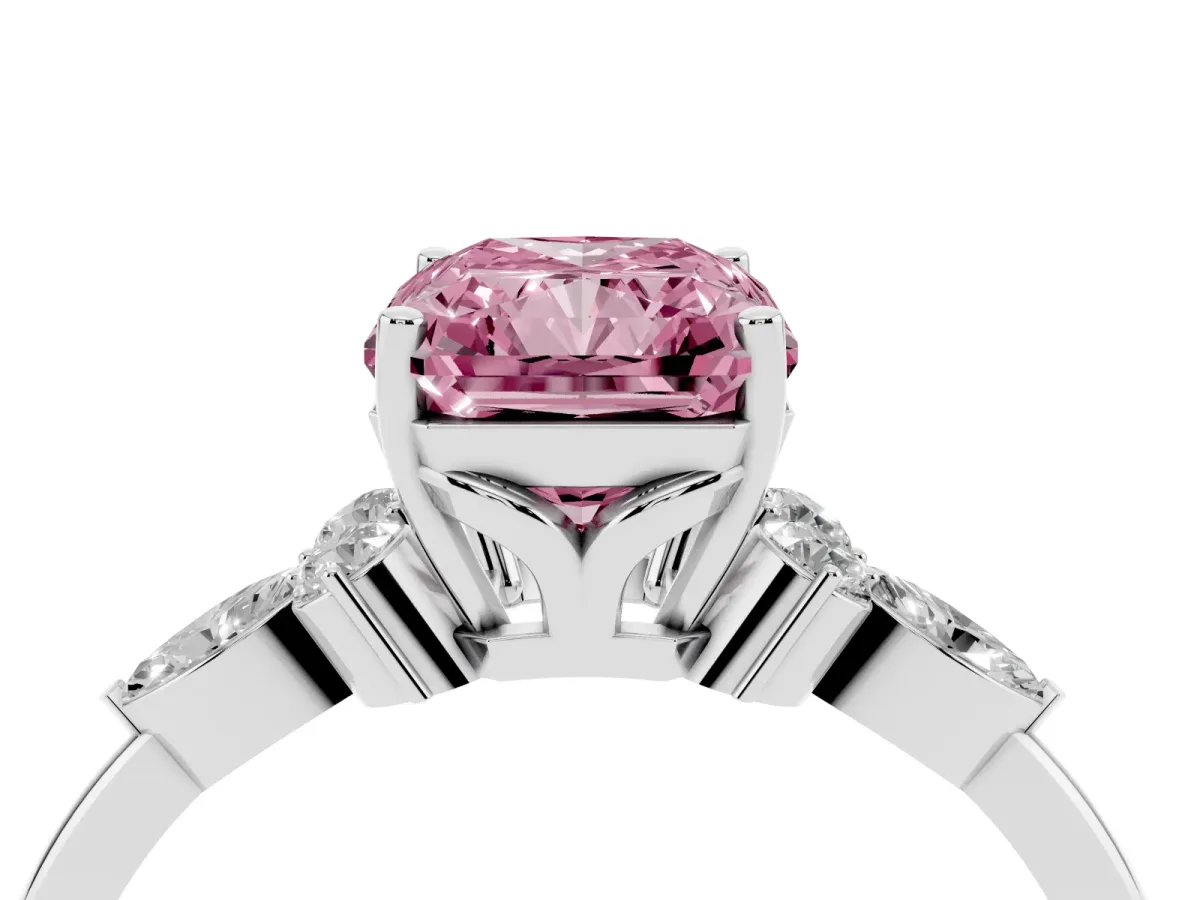 Fancy Pink Radiant Cut Brilliant Diamond Solitaire Ring with Pear Side Stones and Four-Prong Setting Platinum