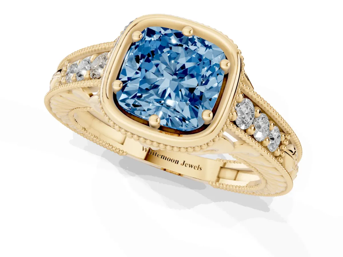 Fancy Blue Bezel Set Cushion Cut Diamond Milgrain Pave Engagement Ring Yellow gold