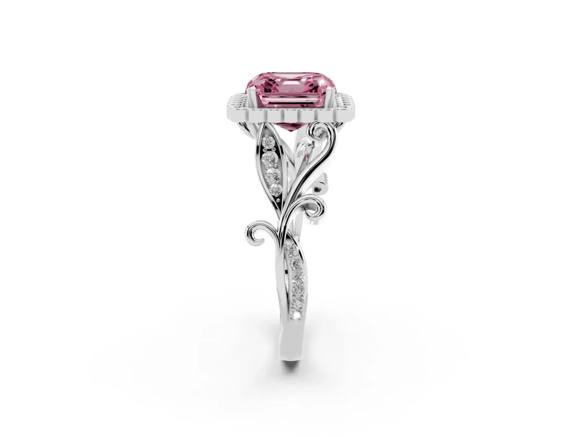 Fancy Pink Asscher Cut Diamond Halo Ring with Vintage Split Shank and Four-Prong Setting Silver