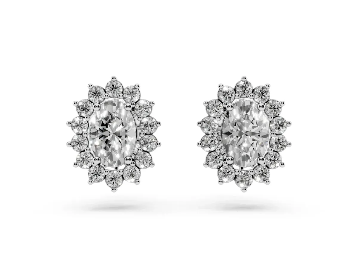 Oval Diamond Floral Halo Stud Earrings White gold