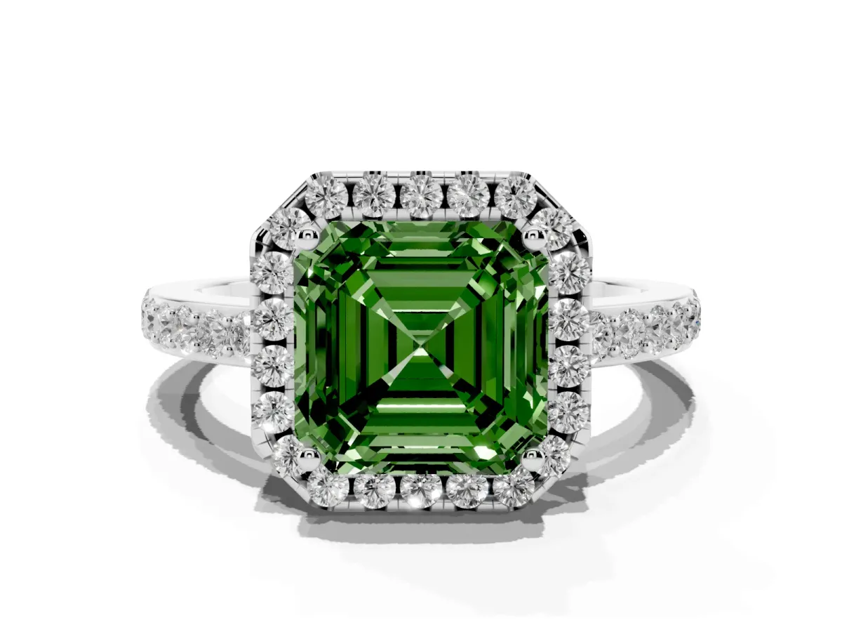 Fancy Green Asscher Cut Halo Diamond Pavé Band Ring with Prong Setting Silver