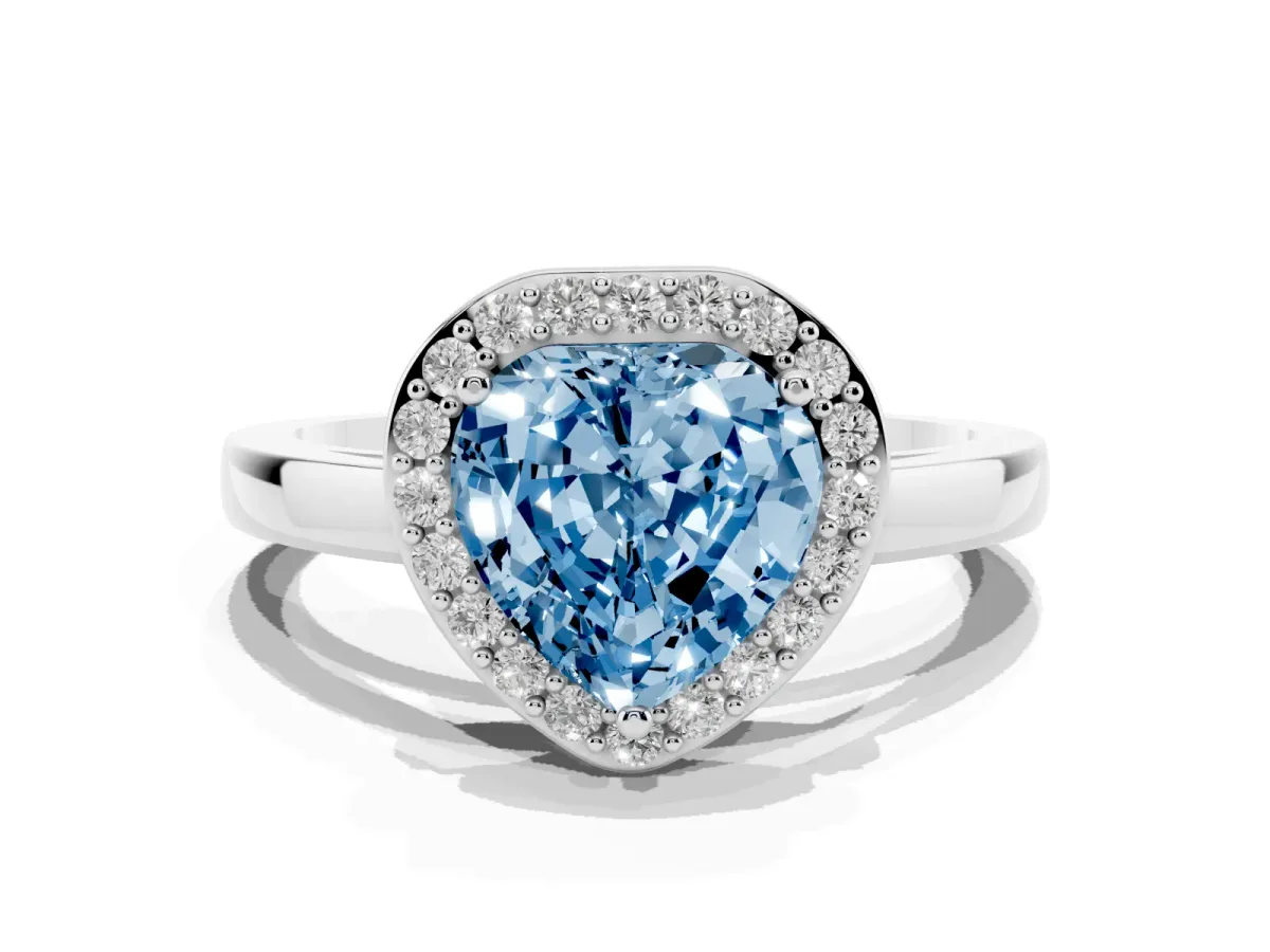 Fancy Blue Heart Cut Halo Diamond Ring with Solitaire Band and Prong Setting Silver