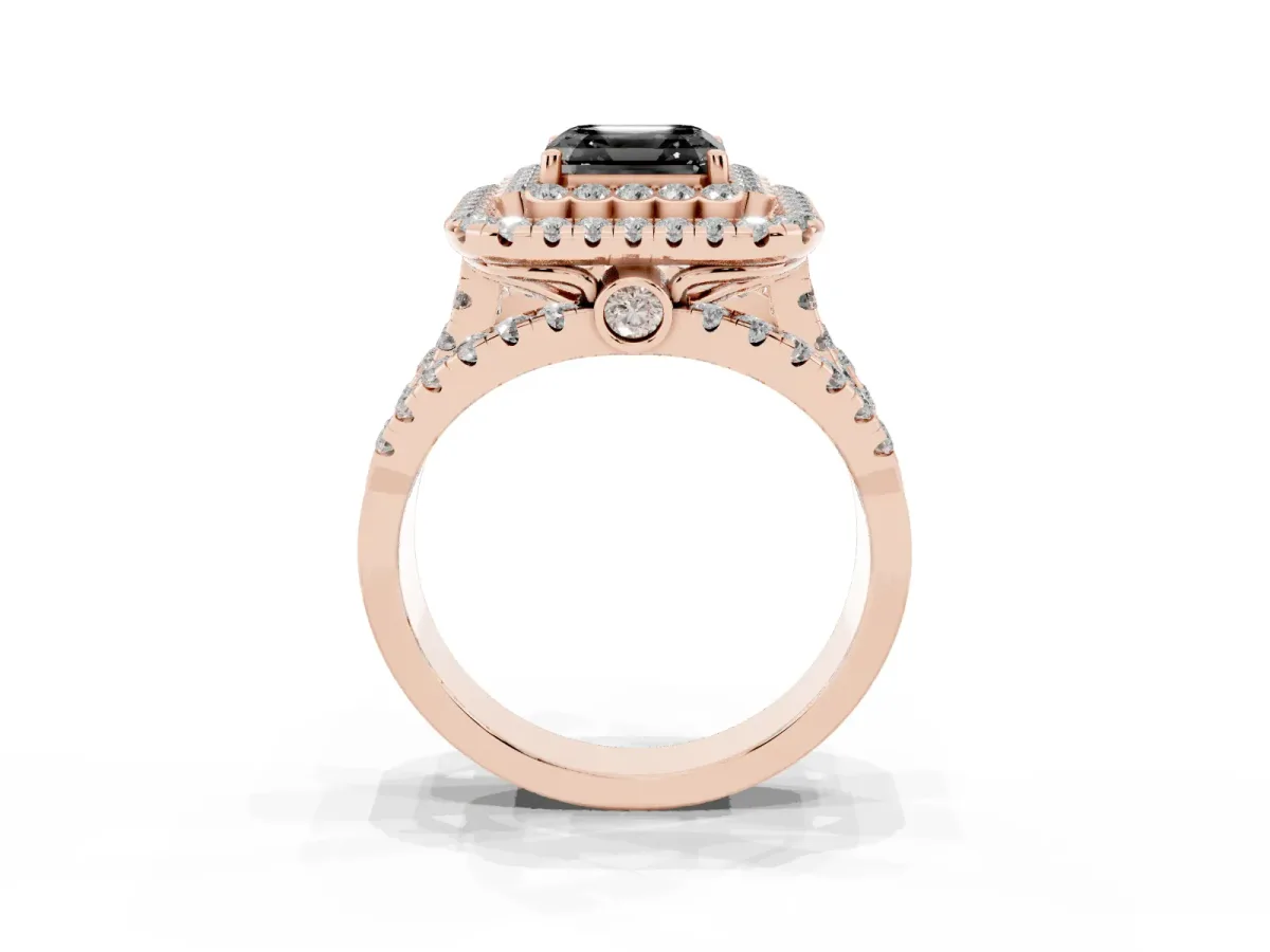Fancy Black Asscher Cut Diamond Double Halo Ring with Round Pavé Split Shank and Prong Setting Rose gold