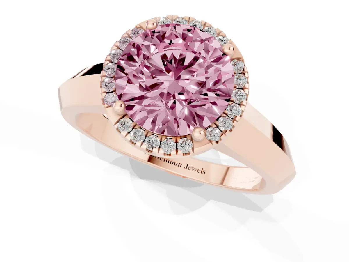 Fancy Pink Round Cut Halo Diamond Ring with Cathedral Band and Four-Prong Setting Rose gold