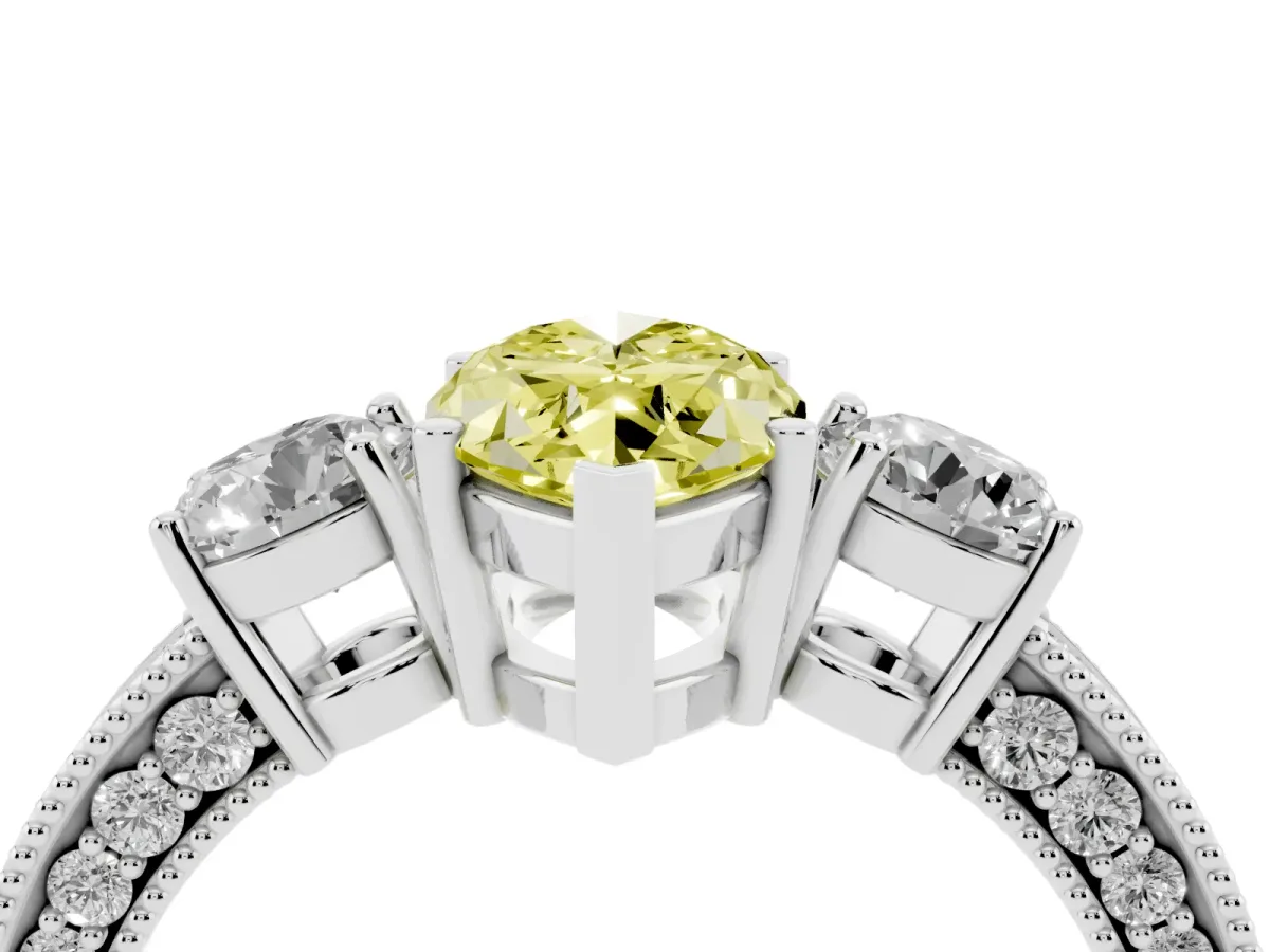 Fancy Yellow Marquise Cut Three-Stone Diamond Ring with Pavé Band and Four-Prong Setting Silver