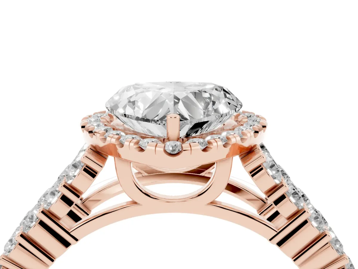 Heart Cut Diamond Halo Engagement Ring with Triple Row Round Pavé Band and Prong Setting Rose gold
