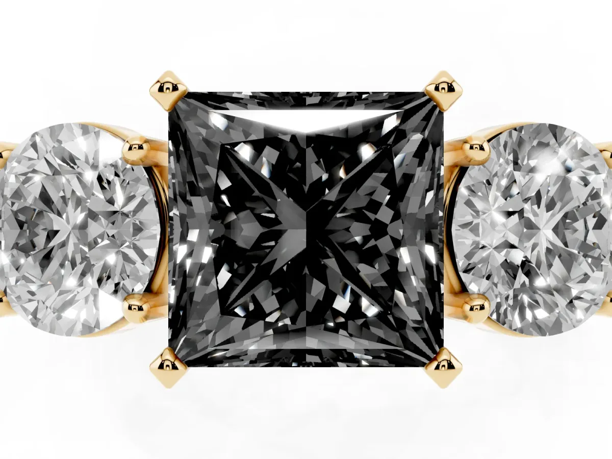 Fancy Black Three-Stone Princess Cut Diamond Ring with Round Side Stones, Classic Band, and Four-Prong Setting Yellow gold