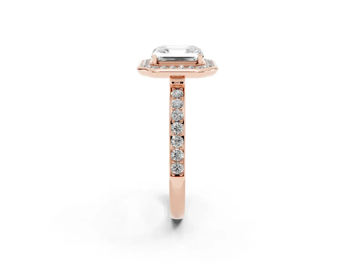 Asscher Cut Diamond Halo Ring with Bezel Frame and Pavé Band Rose gold