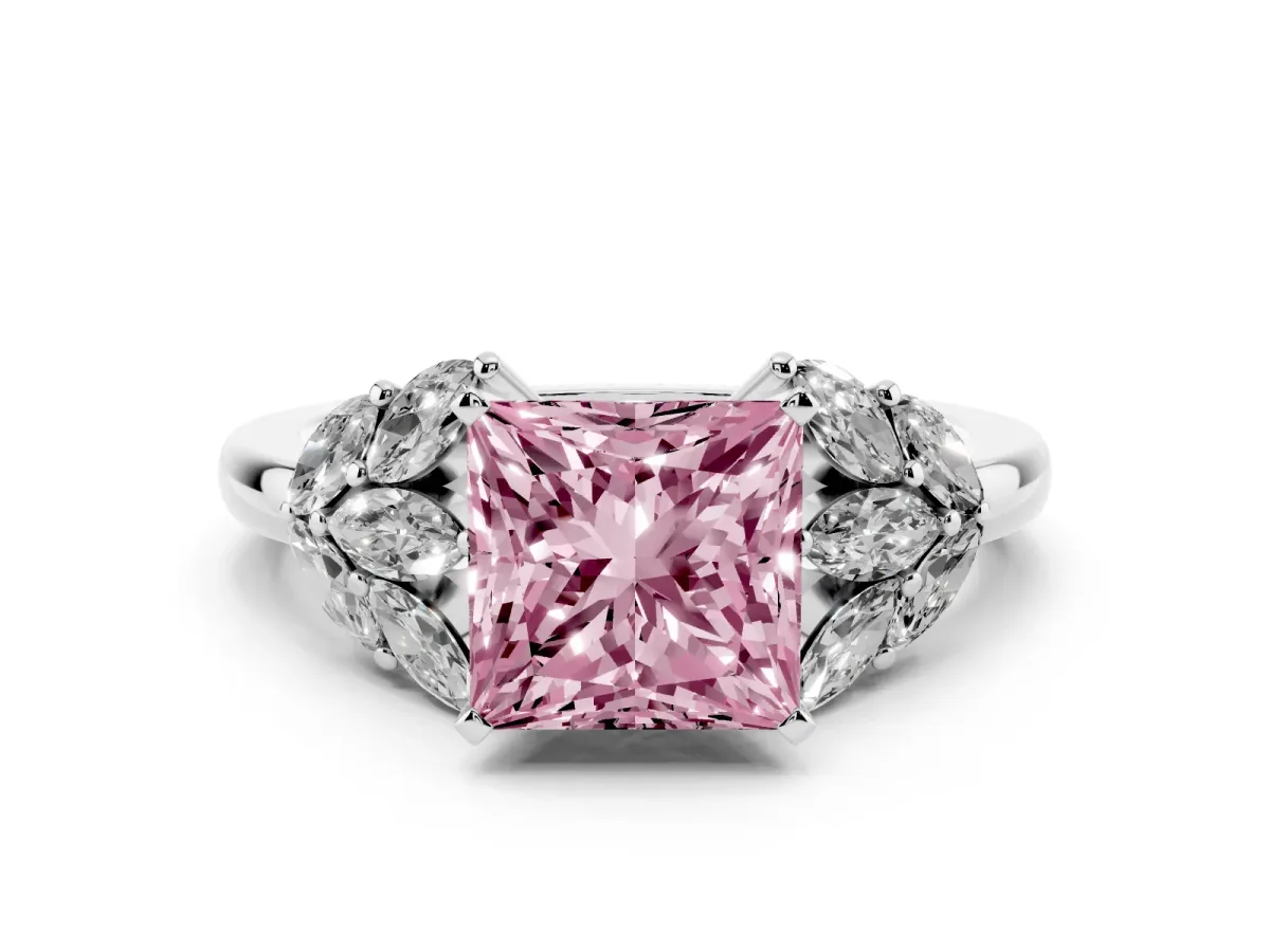 Fancy Pink Princess Cut Diamond Cluster Leaf Design Ring with Prong Setting Silver