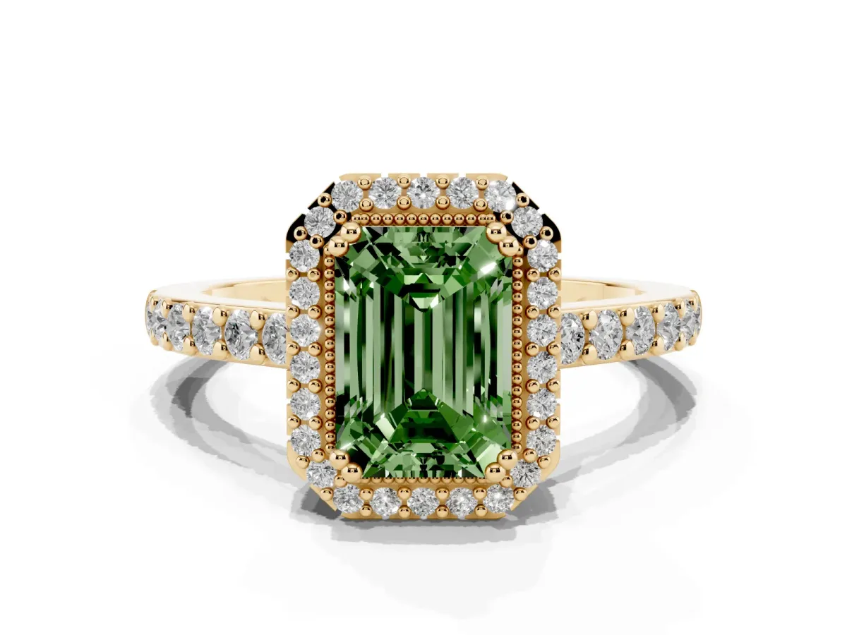 Fancy Green Emerald Cut Cut Diamond Halo Engagement Ring with Milgrain Detail and Pavé Band Yellow gold