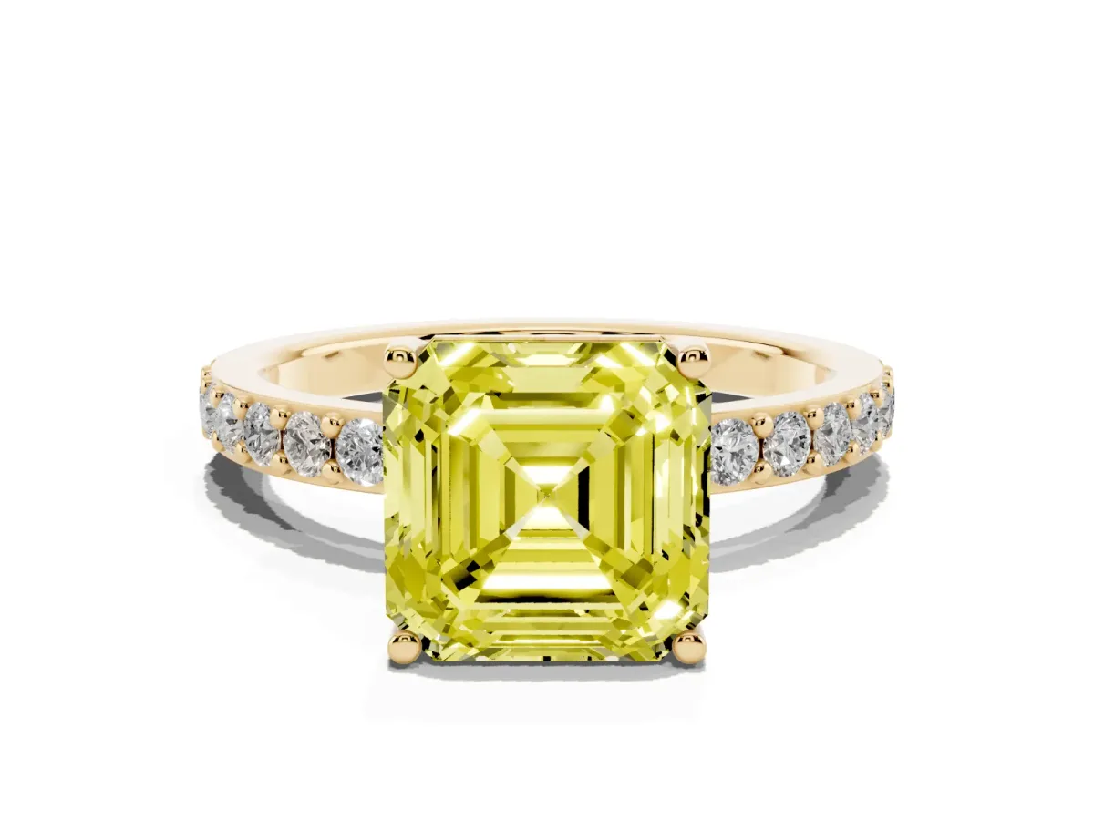 Fancy Yellow Asscher Cut Cut Diamond Solitaire with Pave Band and Four-Prong Setting Yellow gold