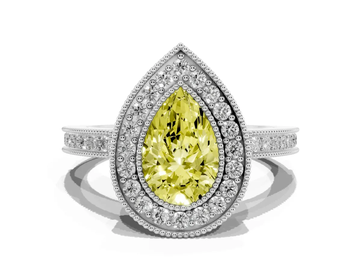 Fancy Yellow Pear Cut Cut Halo Diamond Ring with Pavé Band and Milgrain Prong Setting Silver