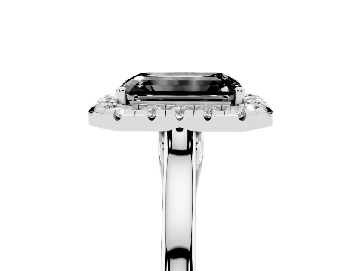 Fancy Black Emerald Cut Halo Round Diamond Solitaire Ring with Pavé Band and Four-Prong Setting Silver