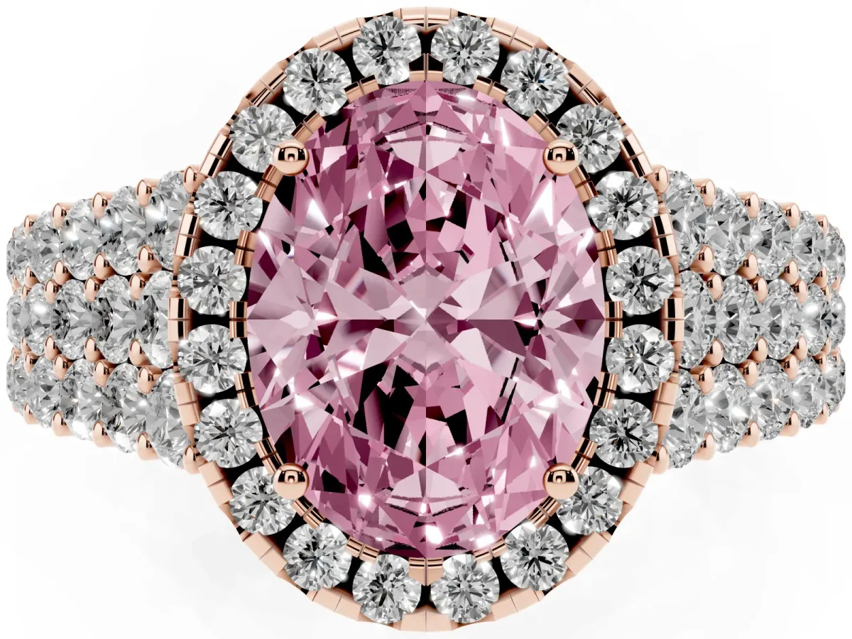 Fancy Pink Oval Cut Diamond Halo Engagement Ring with Triple Row Round Pavé Band and Prong Setting Rose gold