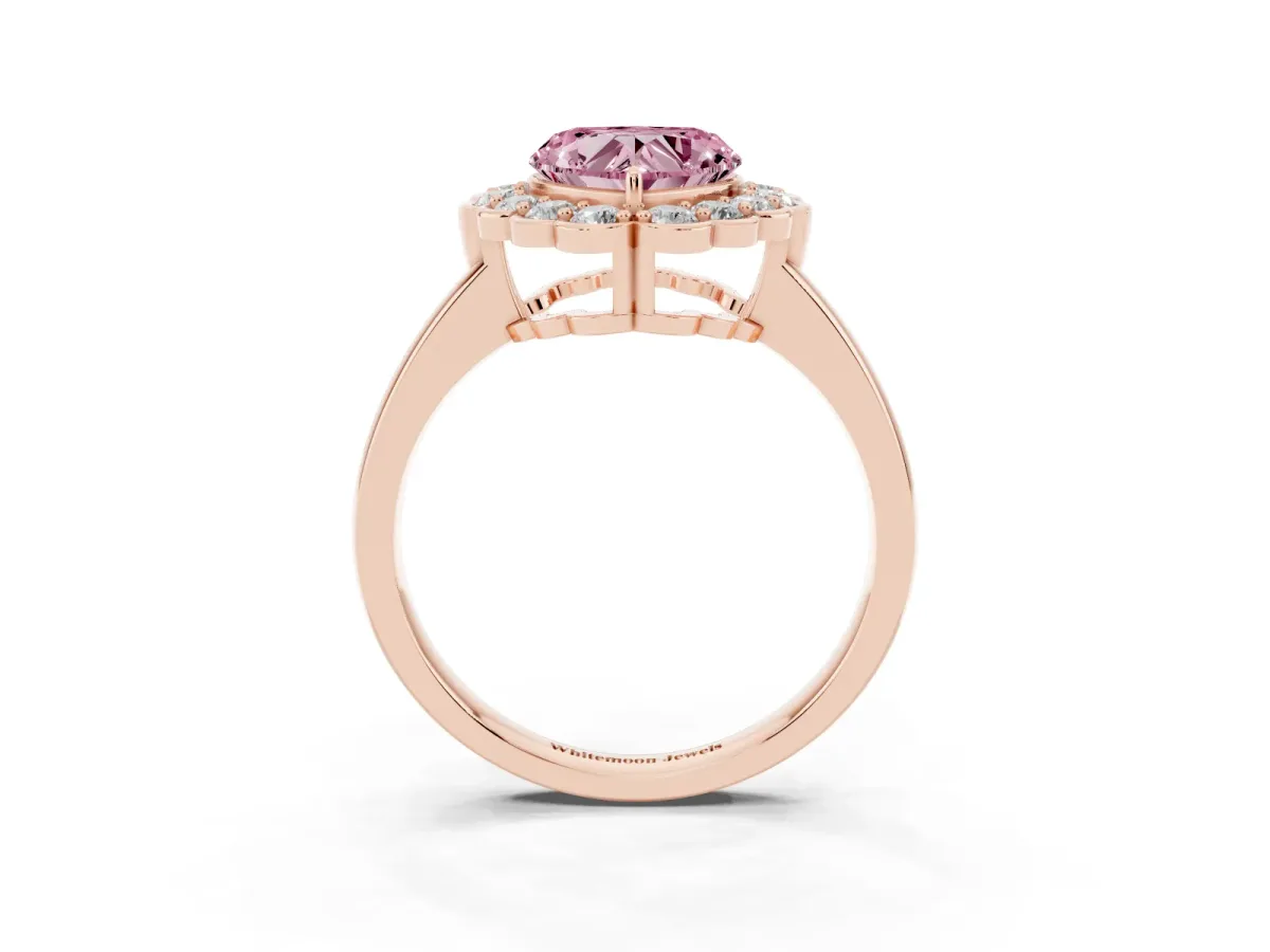 Fancy Pink Heart Cut Halo Cluster Diamond Engagement Ring with Solitaire Band and Prong Setting Rose gold