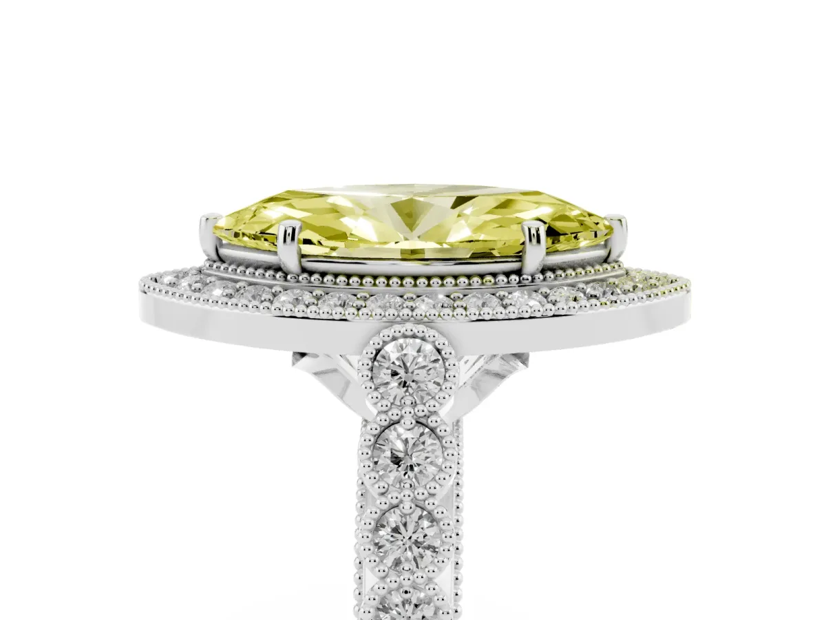 Fancy Yellow Marquise Cut Halo Milgrain Solitaire with Bezel Set Side Stones and Pave Band Silver