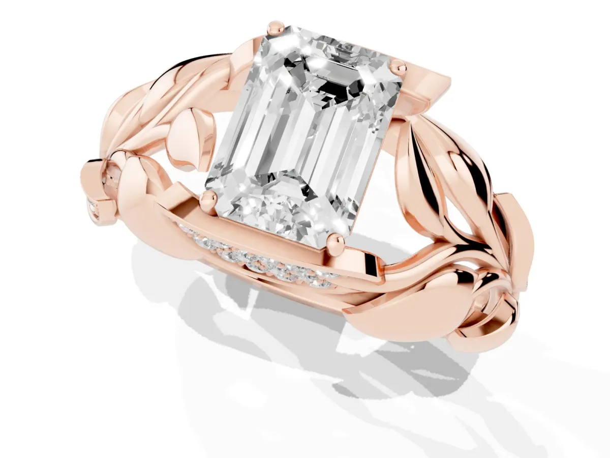 Emerald Cut Diamond Leaf-Inspired Engagement Ring with Round Accents and Prong Setting Rose gold