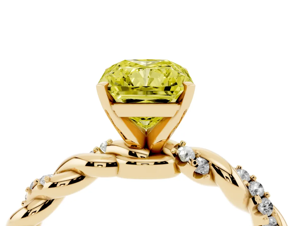 Fancy Yellow Radiant Cut Diamond Solitaire Ring with Twisted Band and Pavé Accents Yellow gold