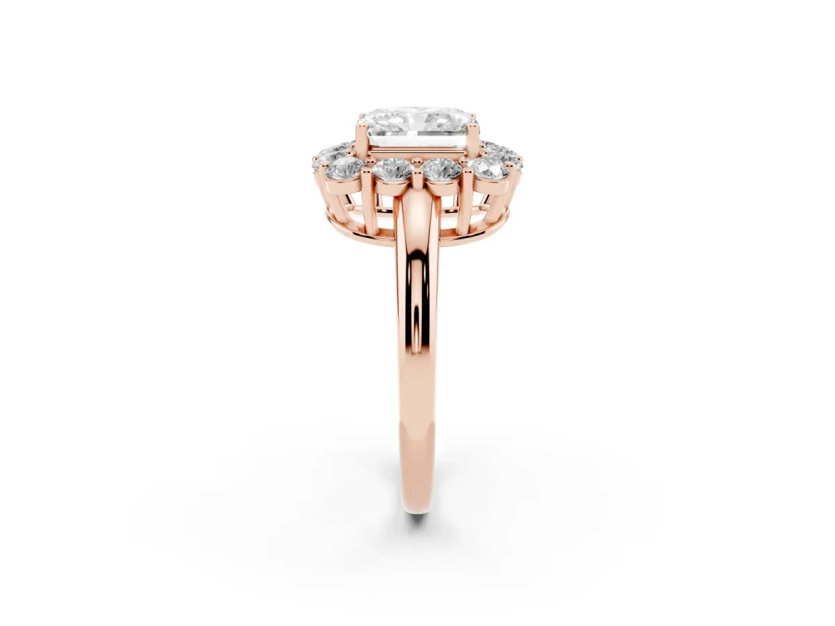 Radiant Cut Halo Cluster Diamond Engagement Ring with Prong Setting and Polished Band Rose gold