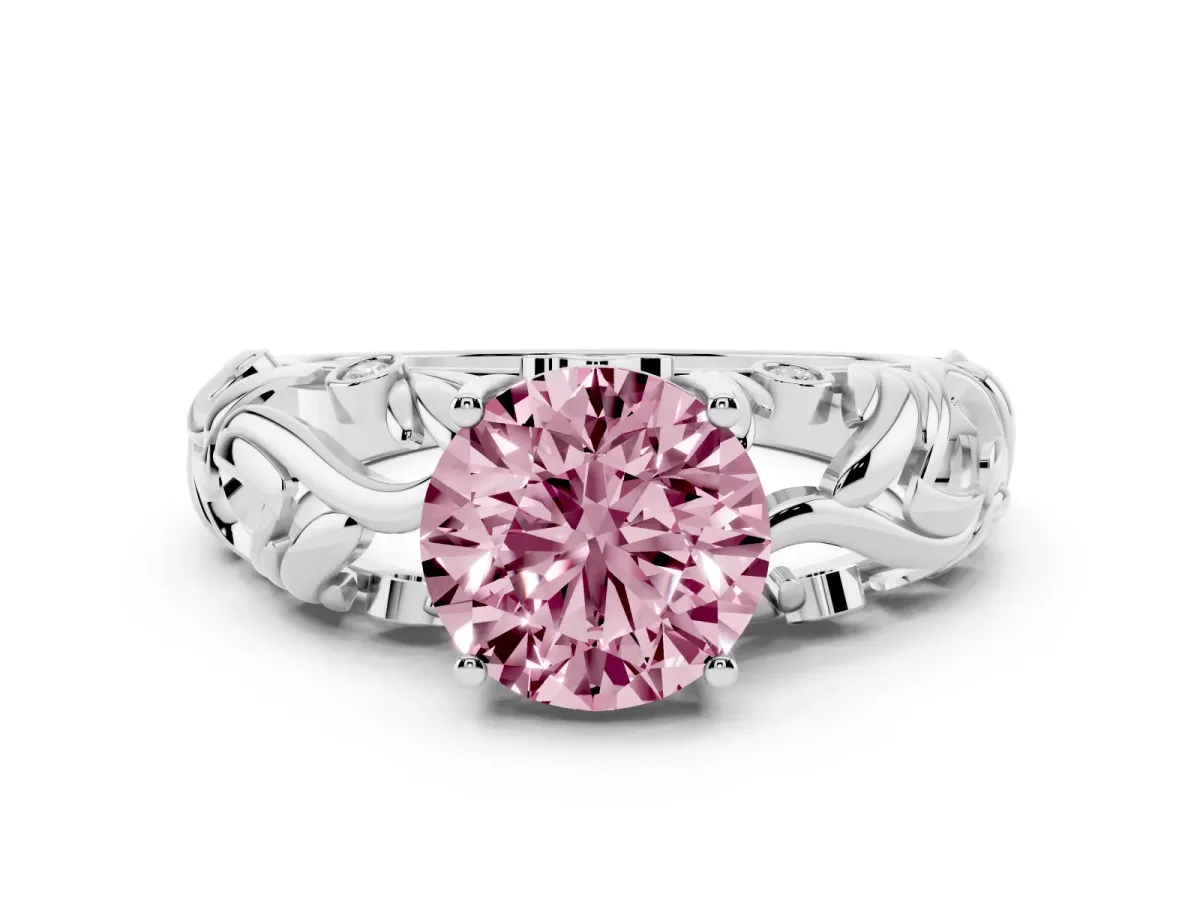 Fancy Pink Round Cut Solitaire Diamond Leaf-Inspired Vine Band Ring with Prong Setting Silver