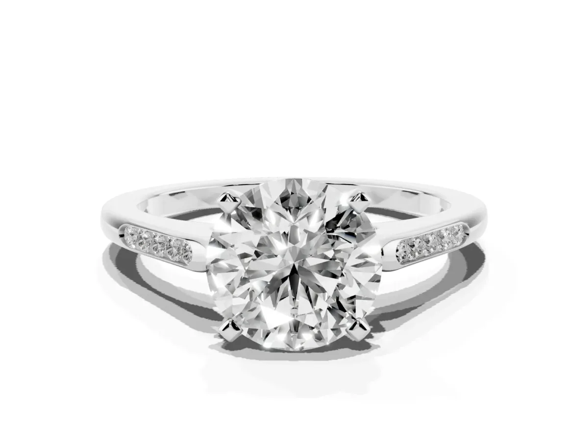 Round Cut Diamond Solitaire Ring with Channel Set Round Band and Prong Setting Silver