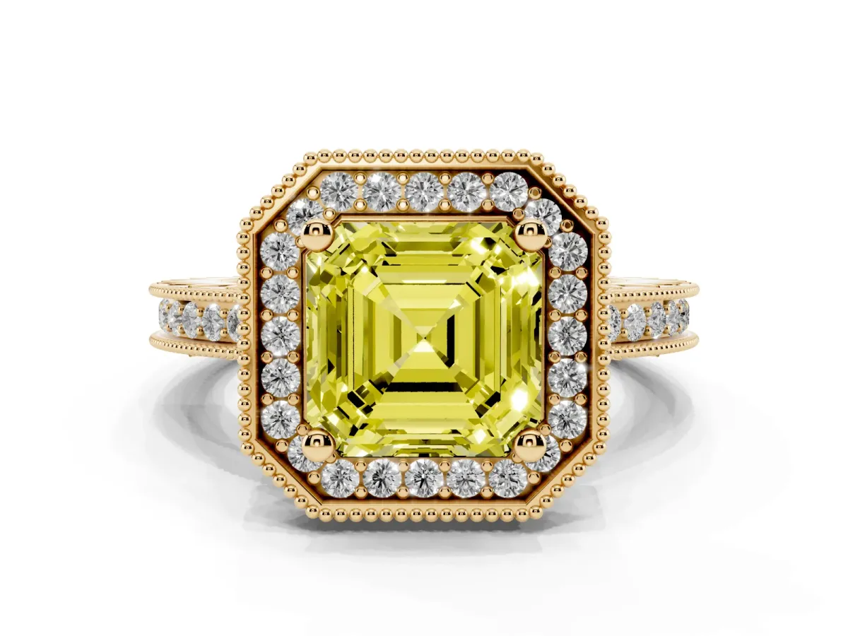 Fancy Yellow Asscher Cut Diamond Milgrain Halo Engagement Ring with Round Pavé Band and Prong Setting Yellow gold
