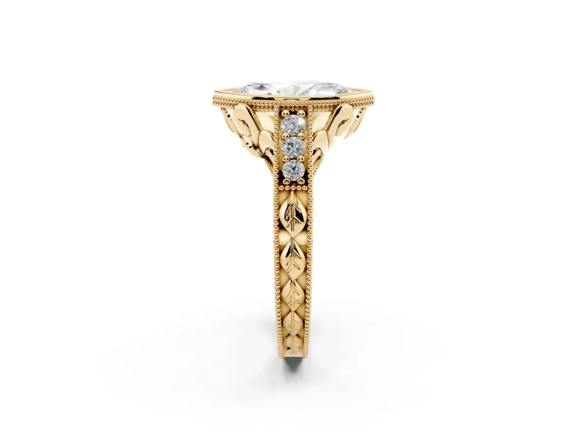 Bezel Set Marquise Cut Diamond Milgrain Pave Engagement Ring Yellow gold