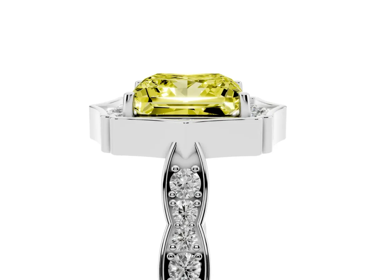 Fancy Yellow Princess Cut Halo Diamond Engagement Ring with Milgrain Band and Four-Prong Setting Platinum