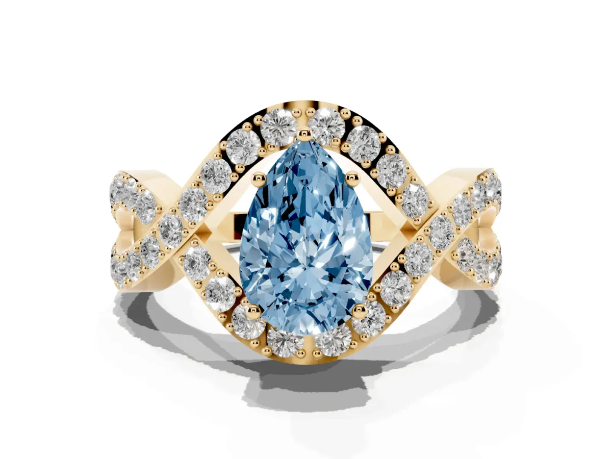 Fancy Blue Pear Cut Solitaire Twist Band Pavé Diamond Engagement Ring Yellow gold