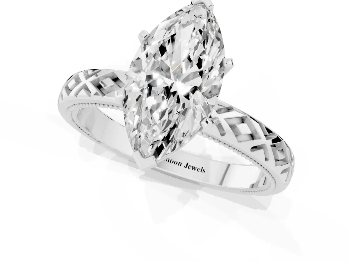 Marquise Cut Solitaire Diamond Ring with Milgrain and Black Enamel X Pattern Band Platinum