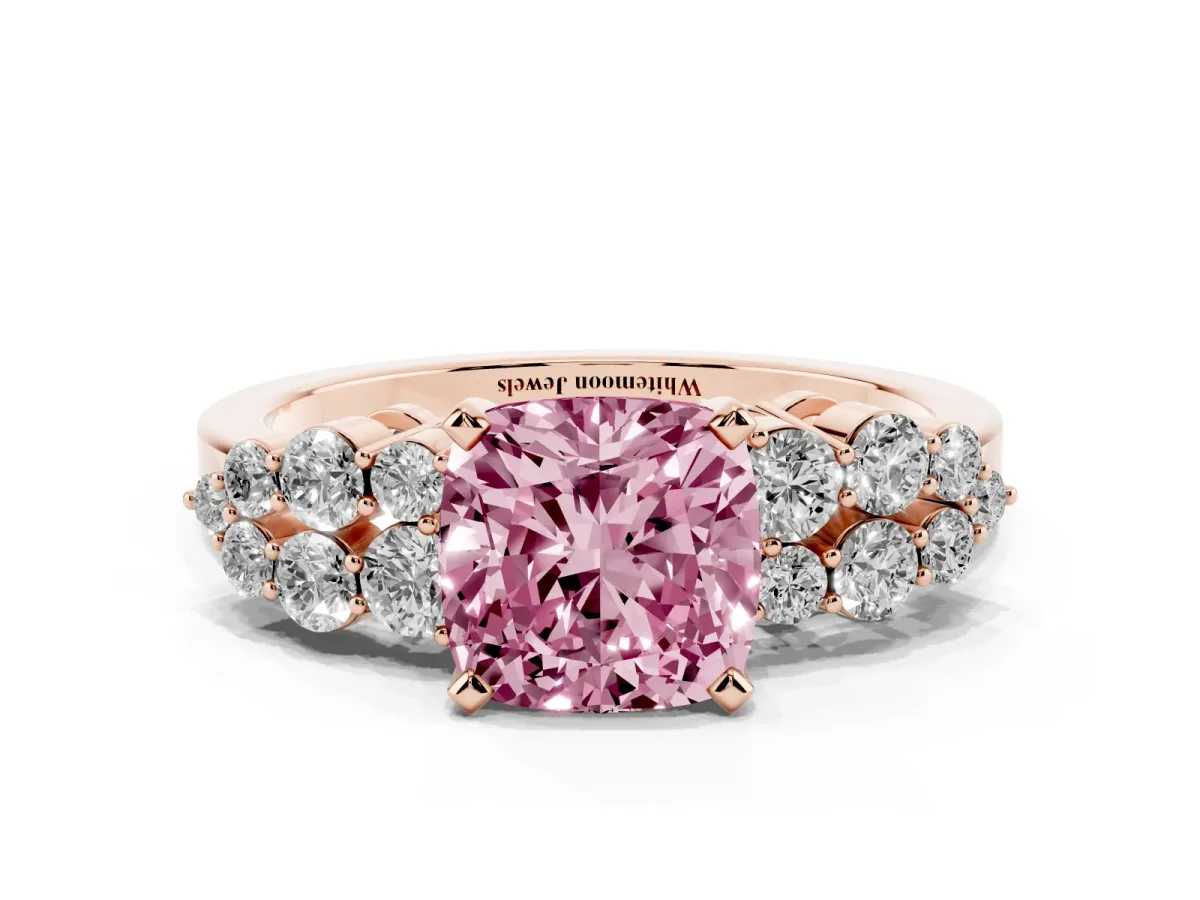 Fancy Pink Cushion Cut Cluster Diamond Engagement Ring with Pavé Band and Four-Prong Setting Rose gold